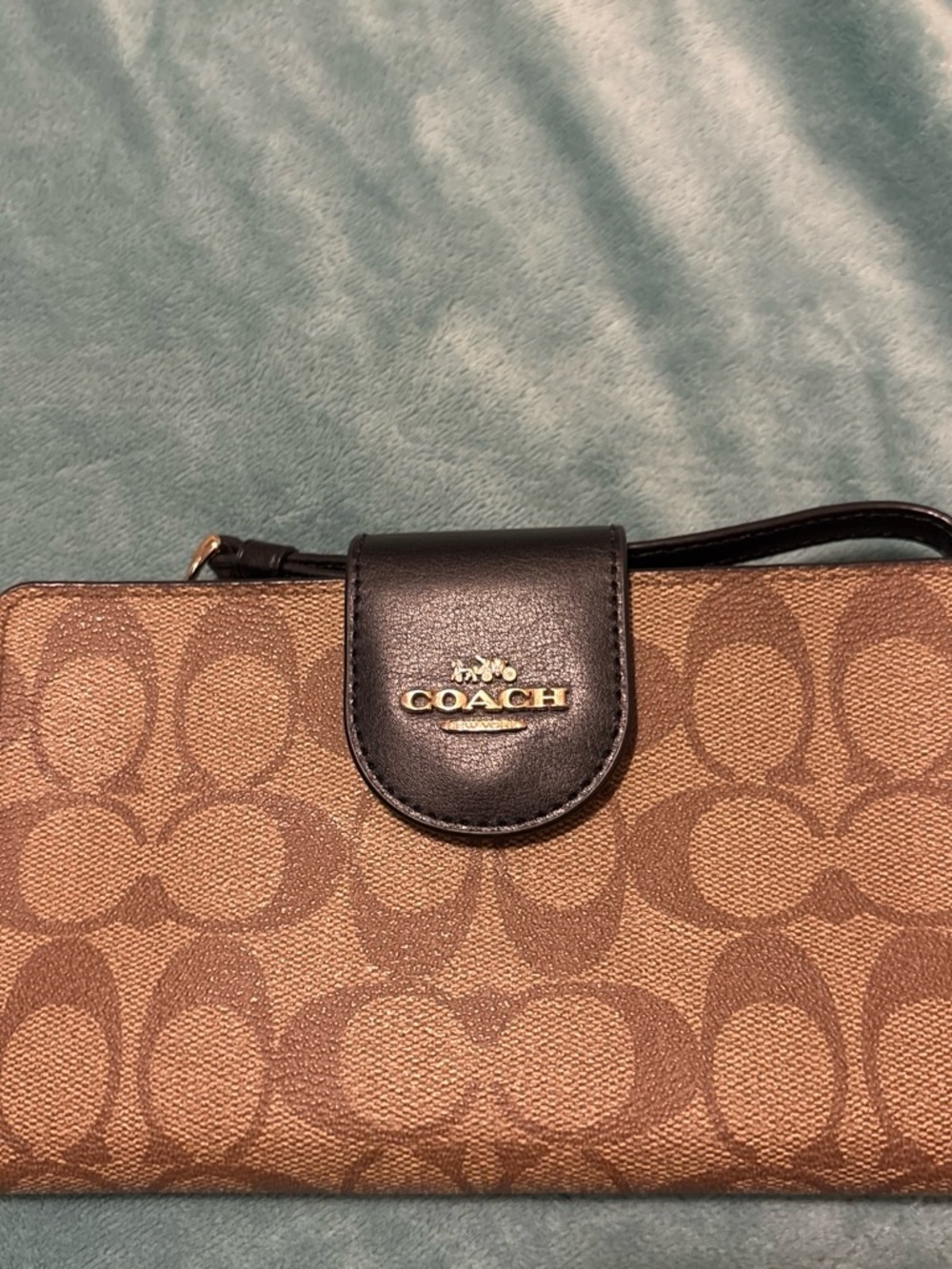 Coach Brown Signature Canvas Wristlet with Black Leather Trim
